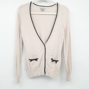 H&M Womens Coquette Dainty Light Pink Knit Cardigan Black Trim Bow Pocket Size S